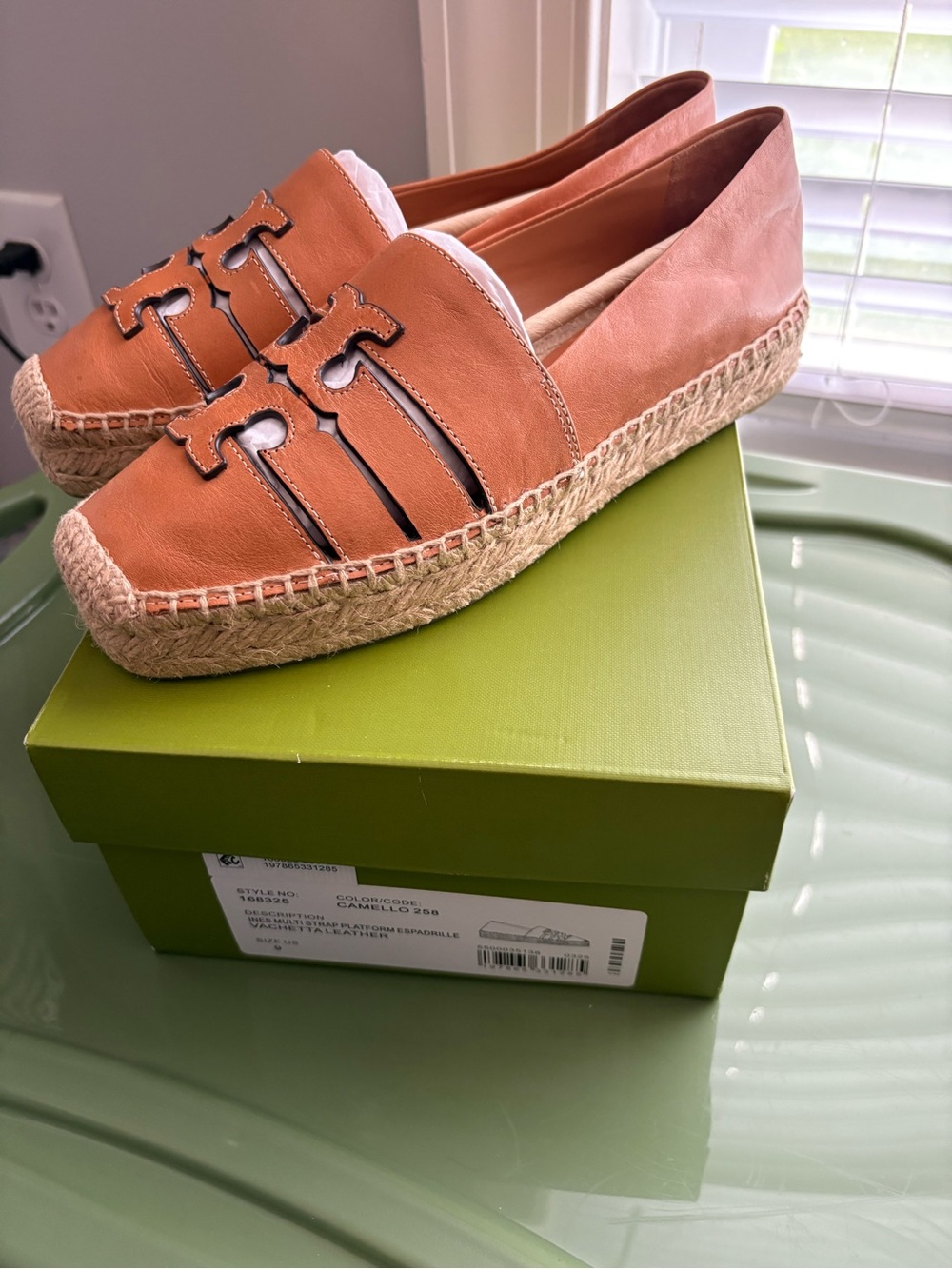 Tory Burch Ines Multi Strap Platform Espadrille Camello Vachetta Leather 9 Box - Picture 2 of 7